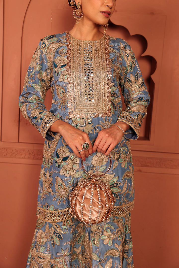 Elizey Paisley Embroidered Sharara Set - Pastel Blue