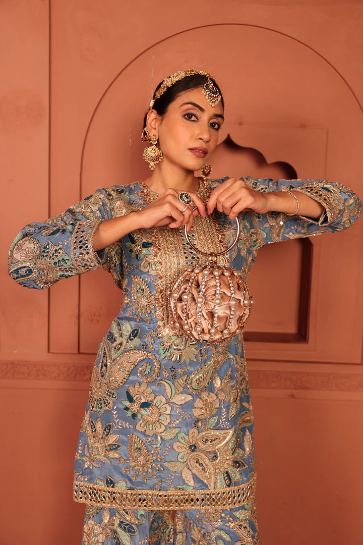 Elizey Paisley Embroidered Sharara Set - Pastel Blue