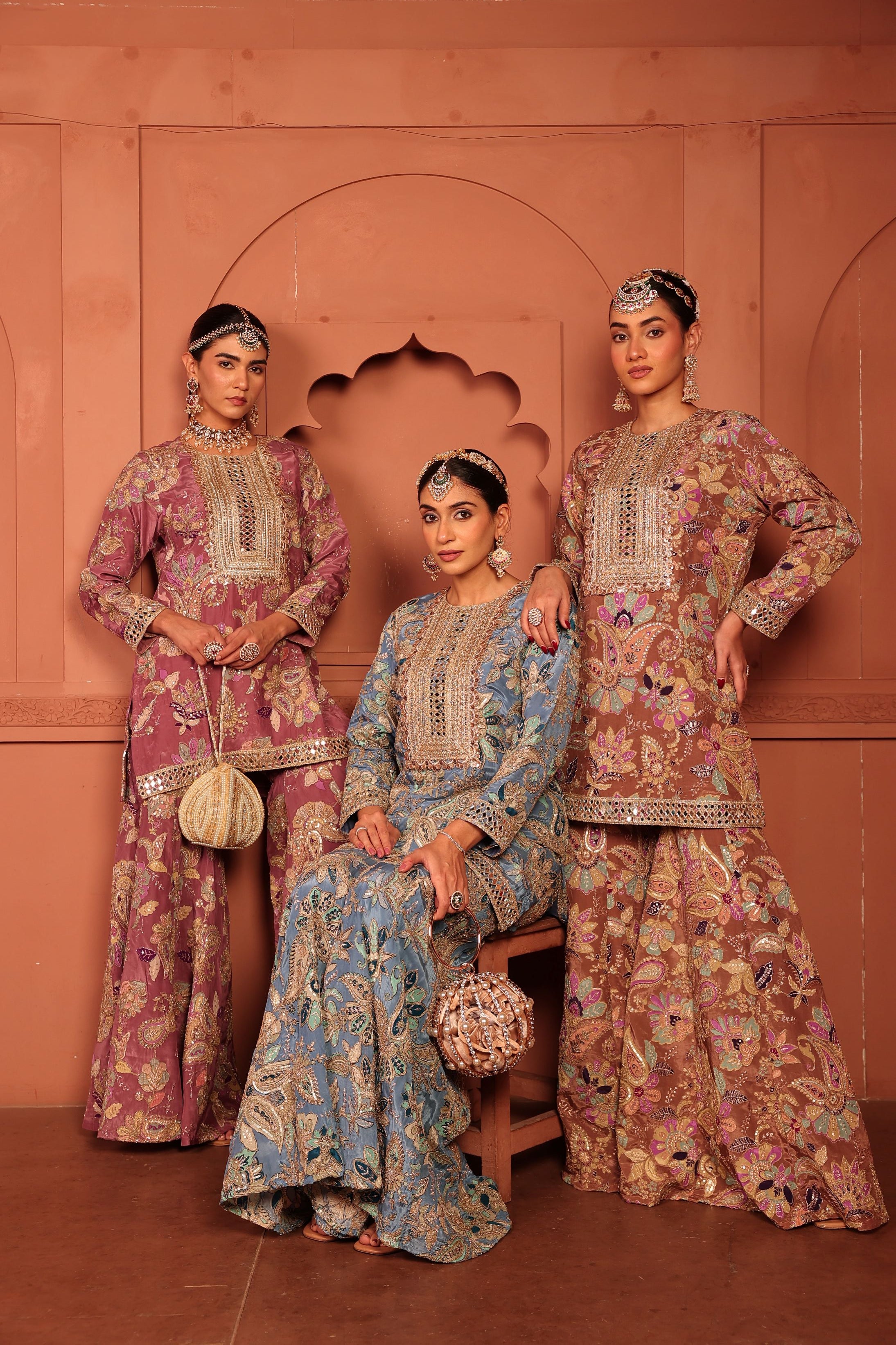 Elizey Paisley Embroidered Sharara Set - Beige