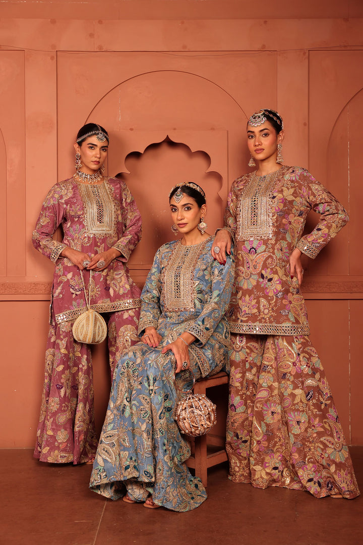 Elizey Paisley Embroidered Sharara Set - Beige