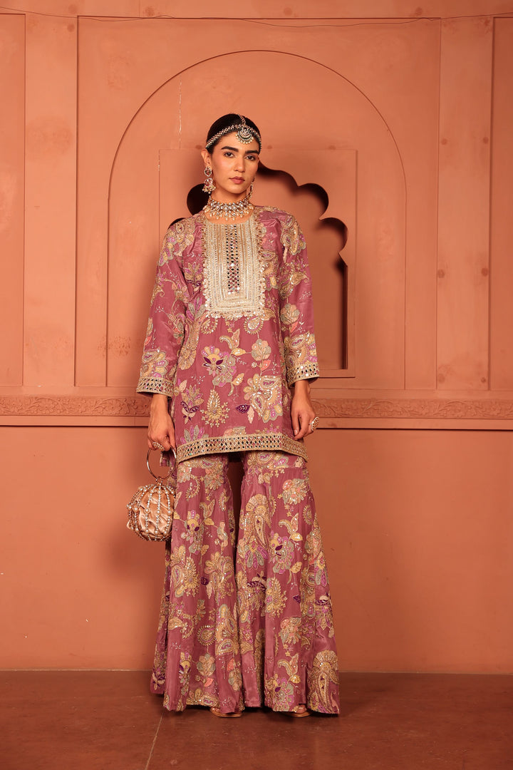 Elizey Paisley Embroidered Sharara Set - Onion Pink