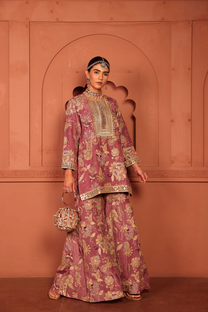 Elizey Paisley Embroidered Sharara Set - Onion Pink