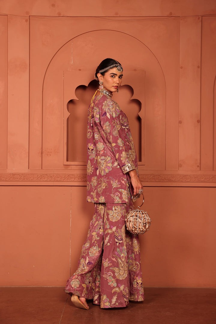 Elizey Paisley Embroidered Sharara Set - Onion Pink