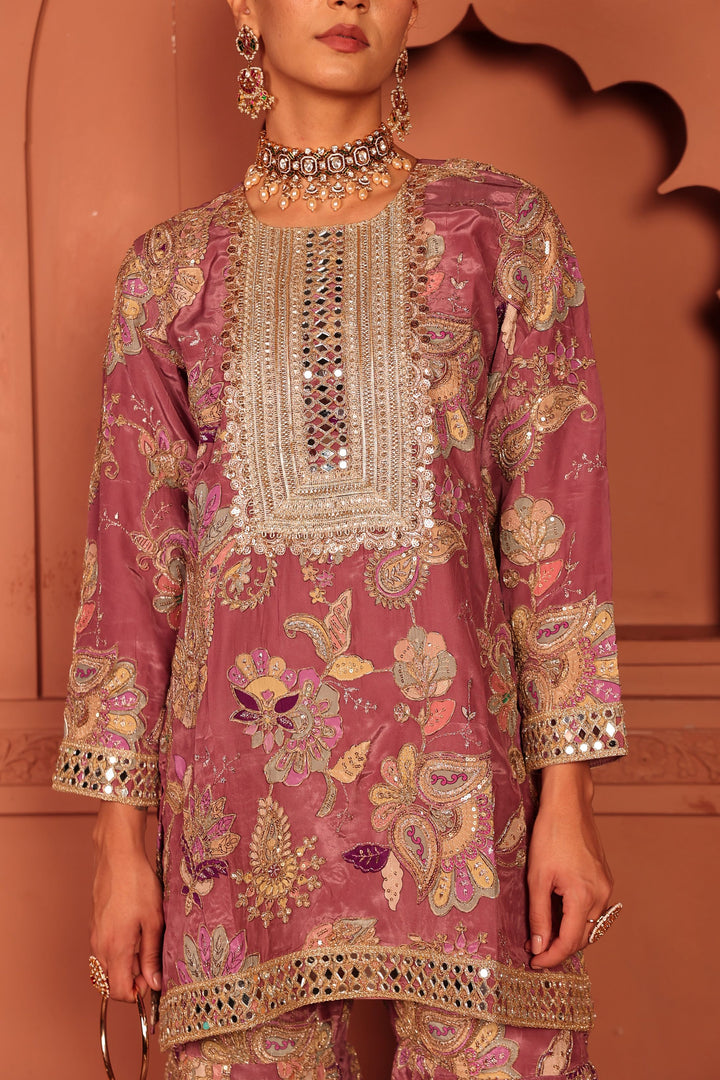 Elizey Paisley Embroidered Sharara Set - Onion Pink