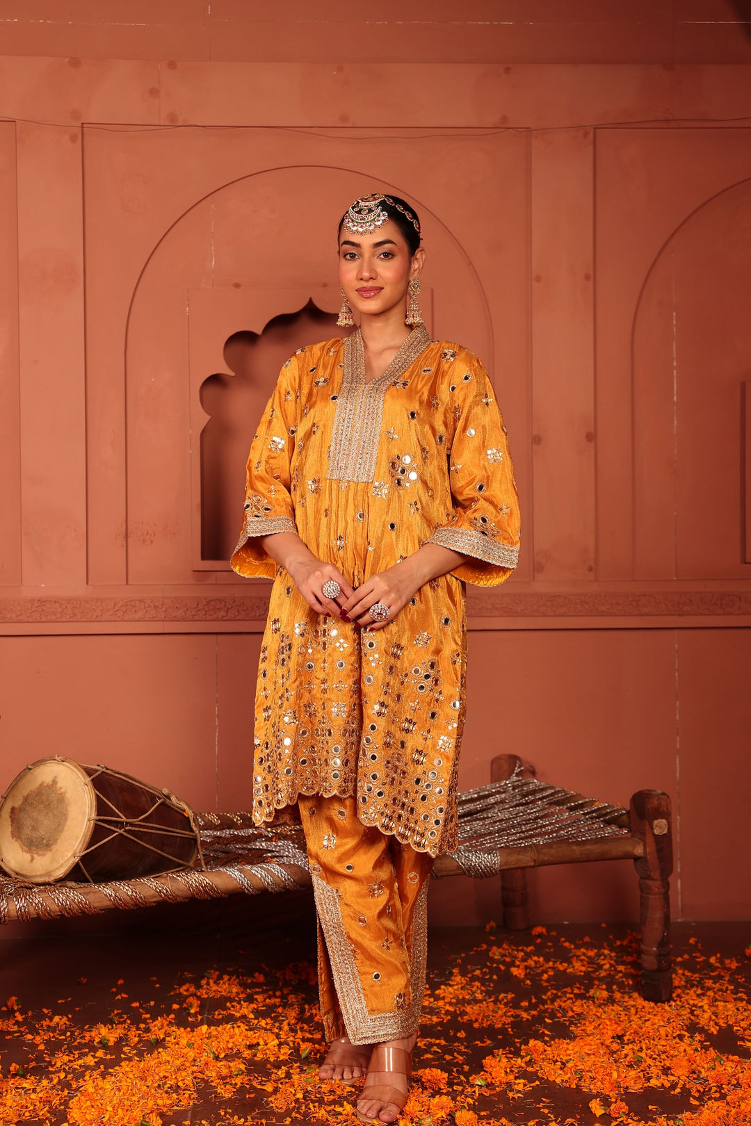 Aaina Adaa Tunic Set with Embroidered Pants - Mustard