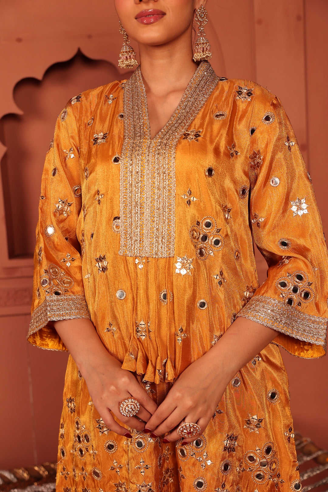 Aaina Adaa Tunic Set with Embroidered Pants - Mustard