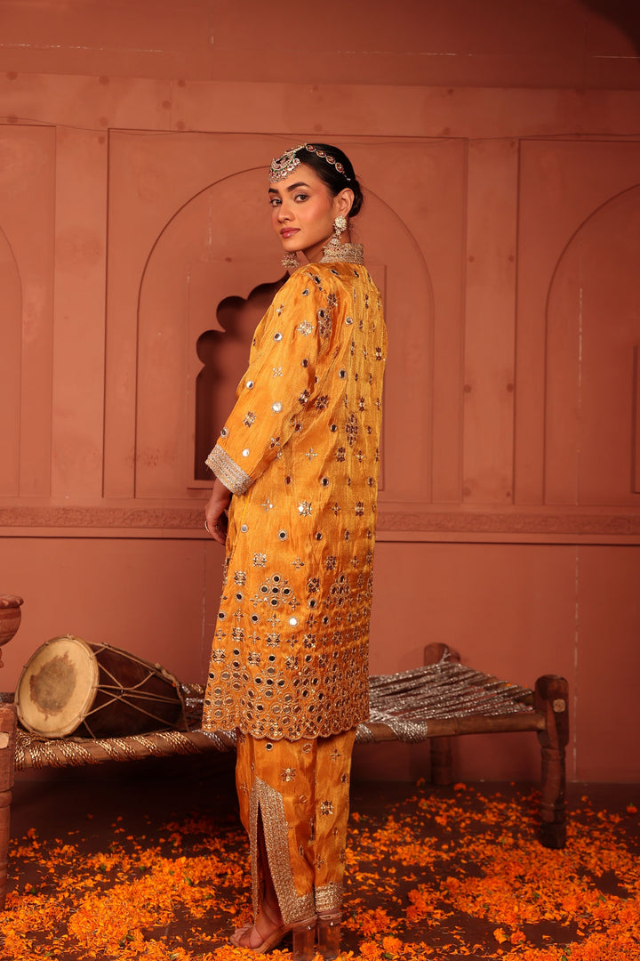 Aaina Adaa Tunic Set with Embroidered Pants - Mustard
