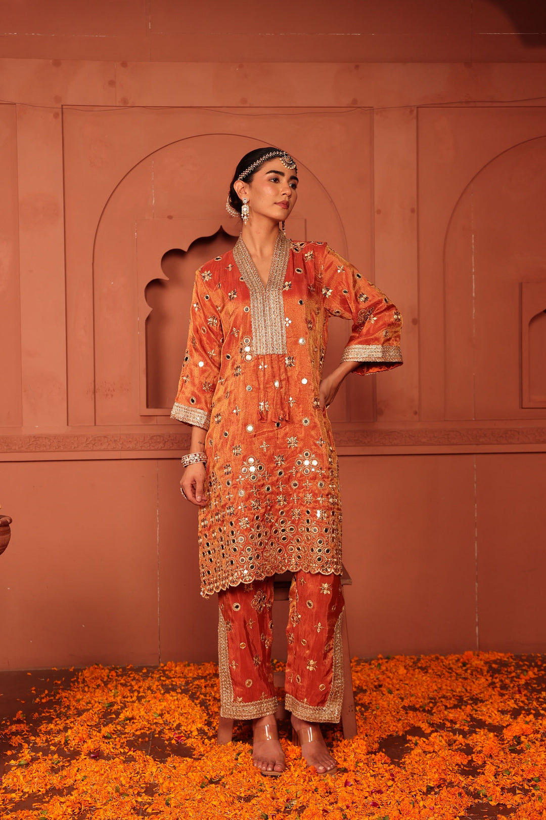 Aaina Adaa Tunic Set with Embroidered Pants - Orange