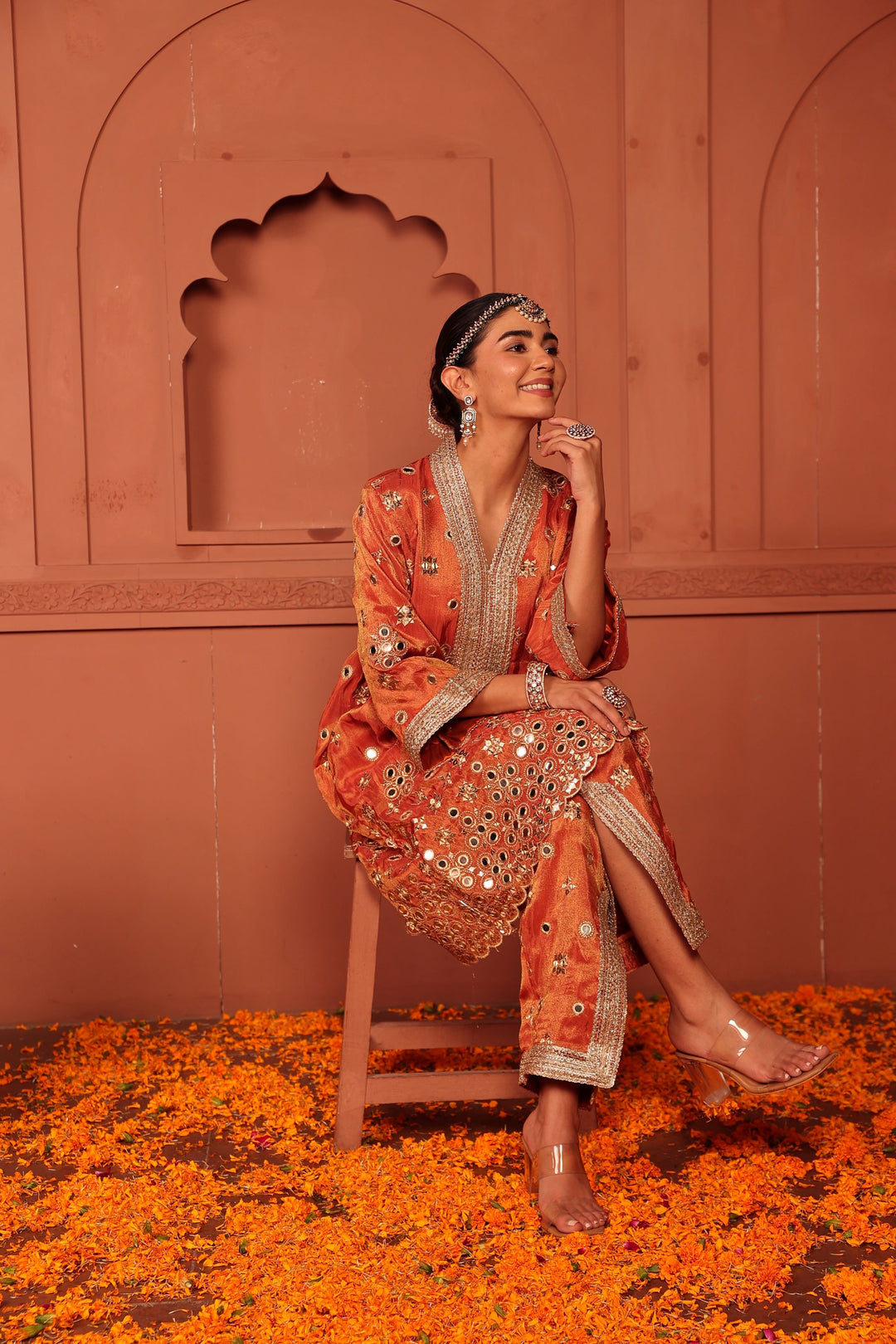 Aaina Adaa Tunic Set with Embroidered Pants - Orange