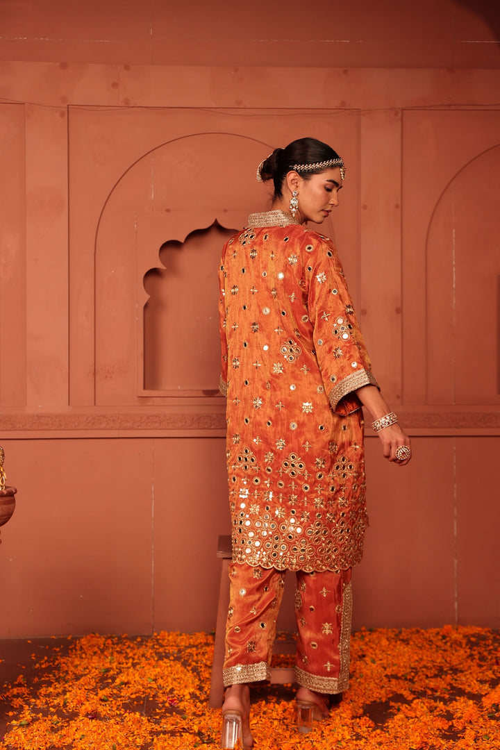 Aaina Adaa Tunic Set with Embroidered Pants - Orange