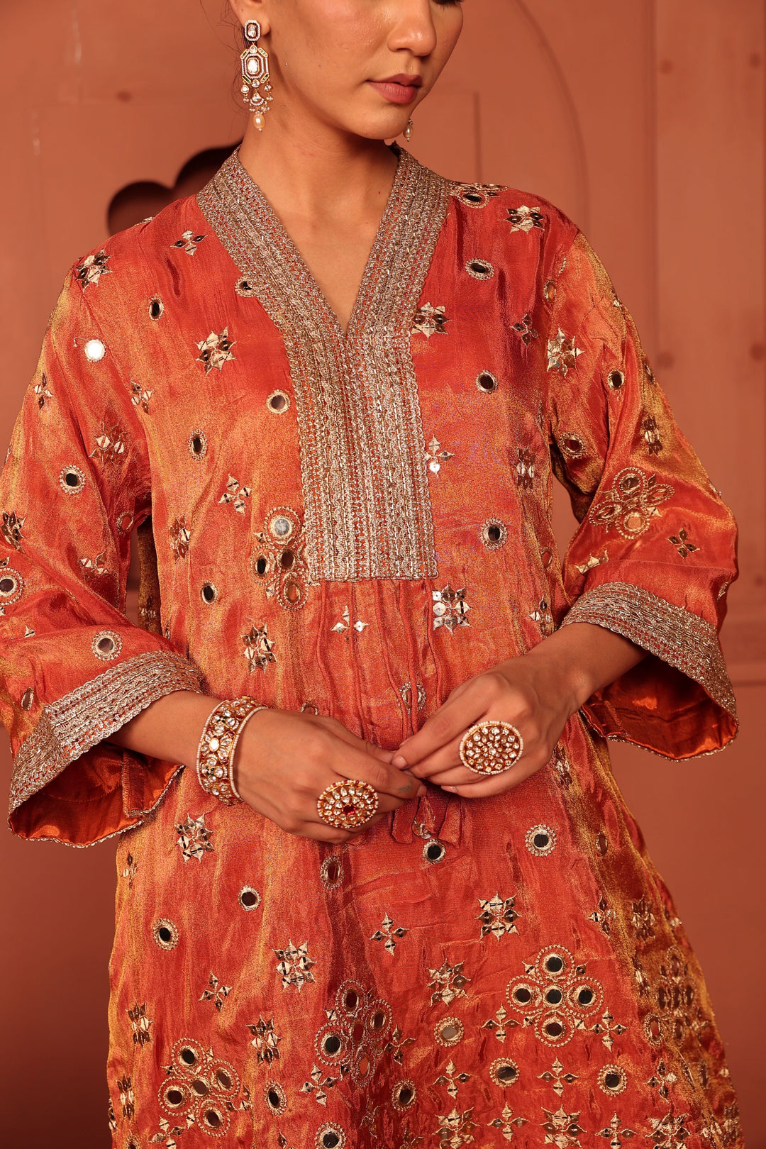 Aaina Adaa Tunic Set with Embroidered Pants - Orange