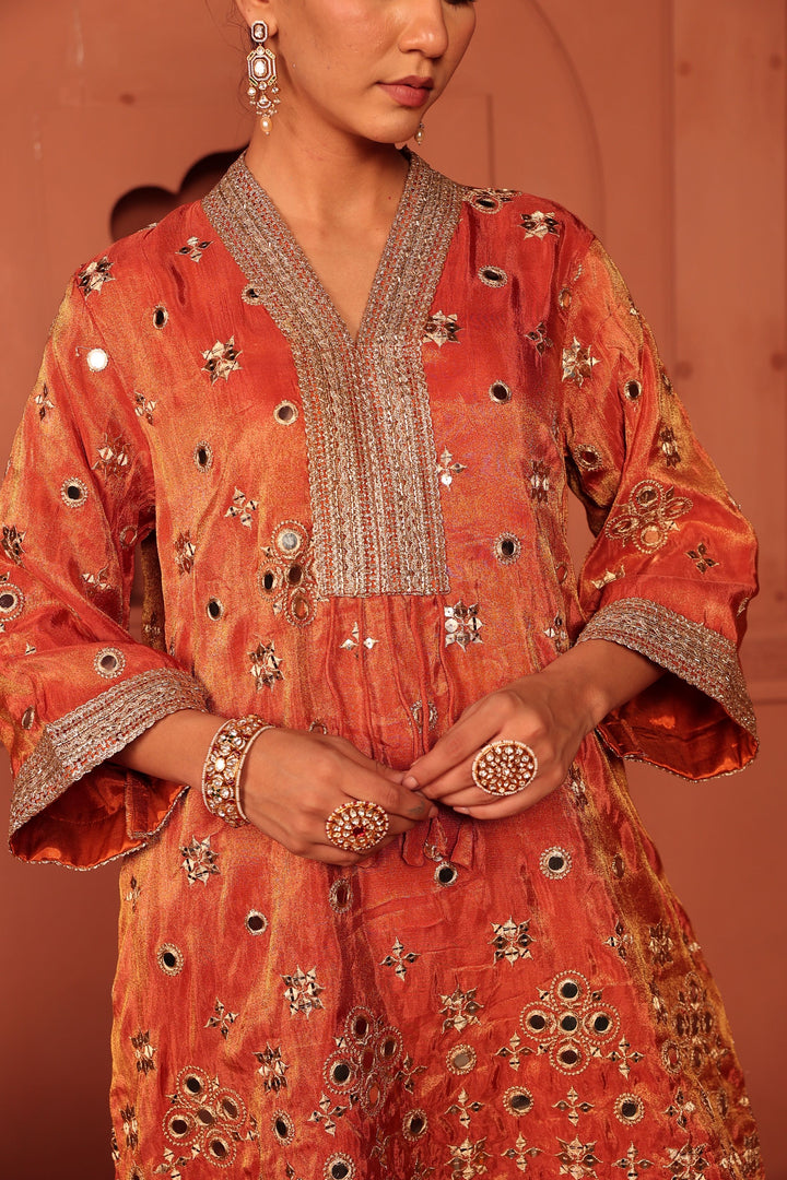 Aaina Adaa Tunic Set with Embroidered Pants - Orange