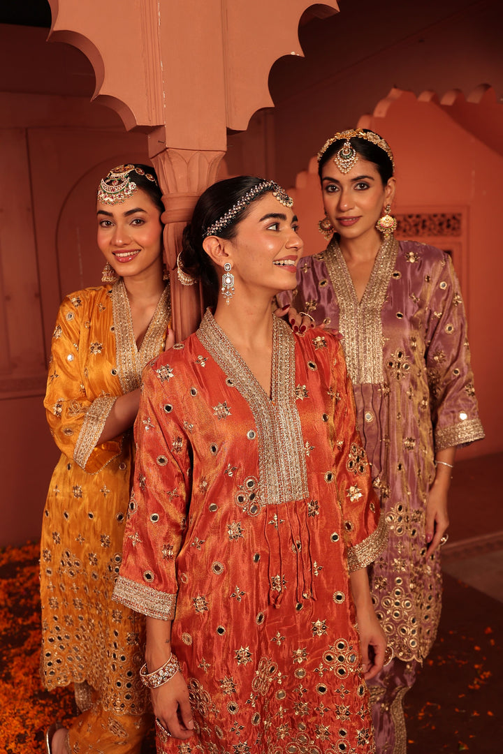 Aaina Adaa Tunic Set with Embroidered Pants - Orange