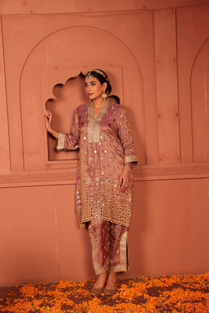 Aaina Adaa Tunic Set with Embroidered Pants - Lilac