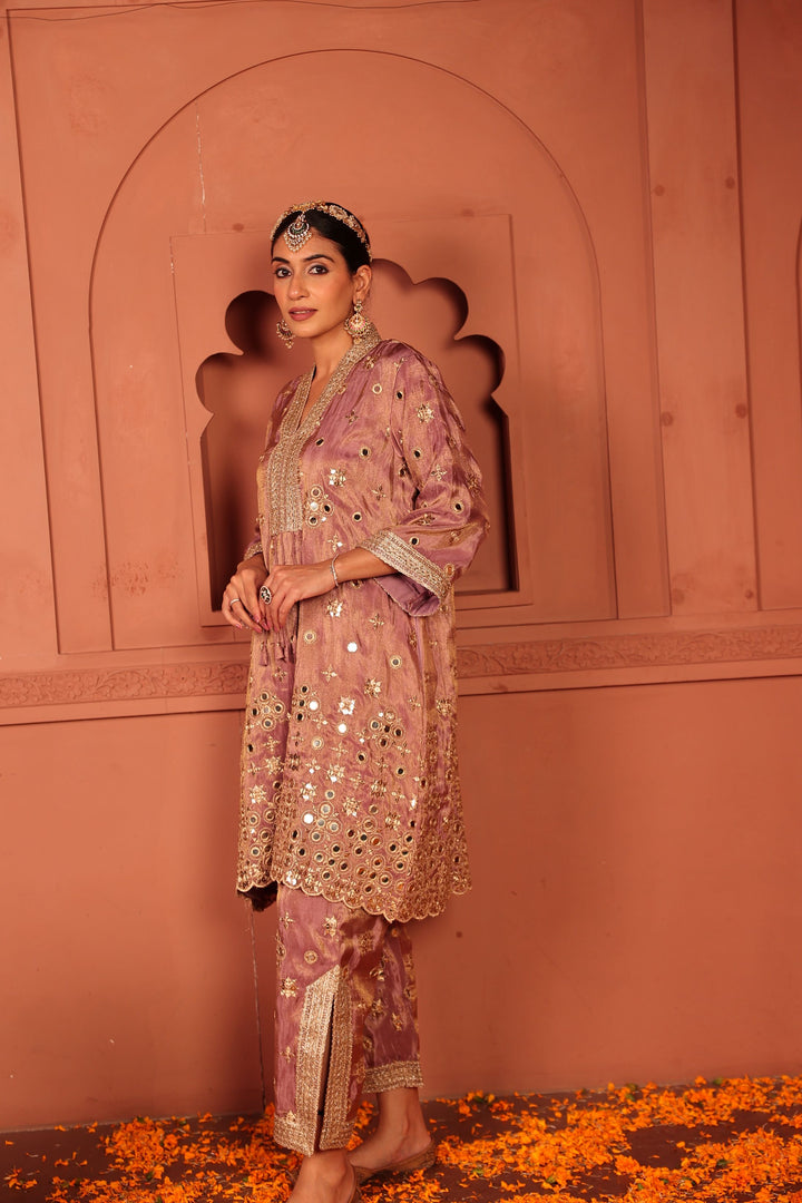 Aaina Adaa Tunic Set with Embroidered Pants - Lilac