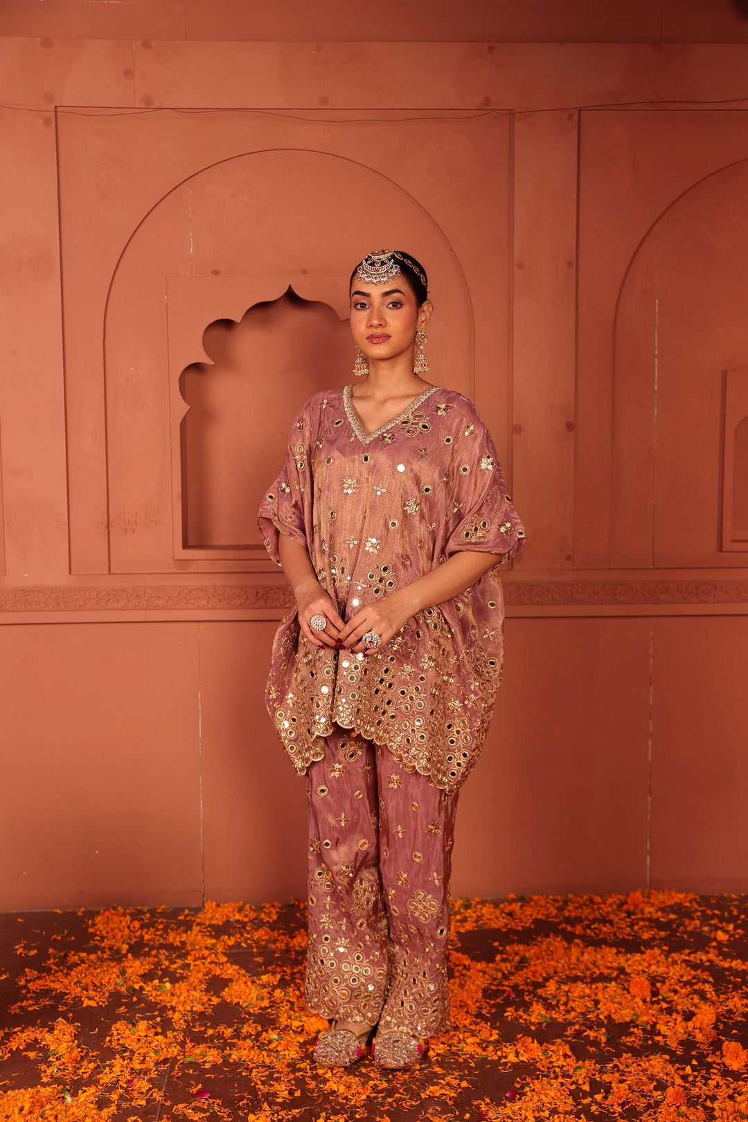 Aaina Adaa Mirror Work Kaftan Set - Lilac