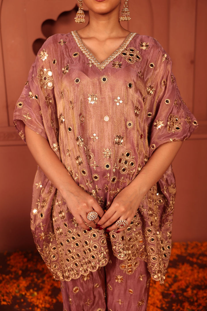 Aaina Adaa Mirror Work Kaftan Set - Lilac