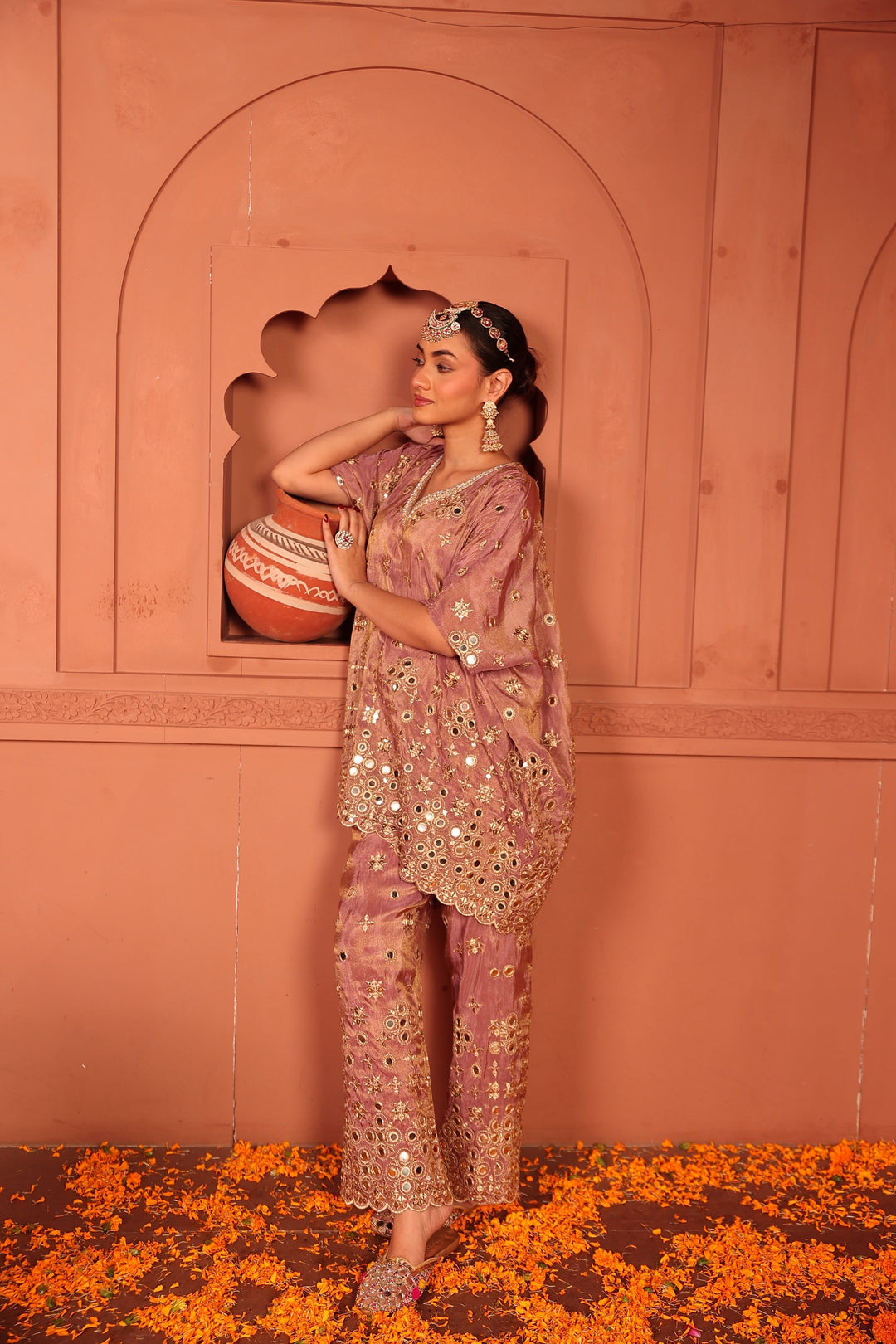 Aaina Adaa Mirror Work Kaftan Set - Lilac