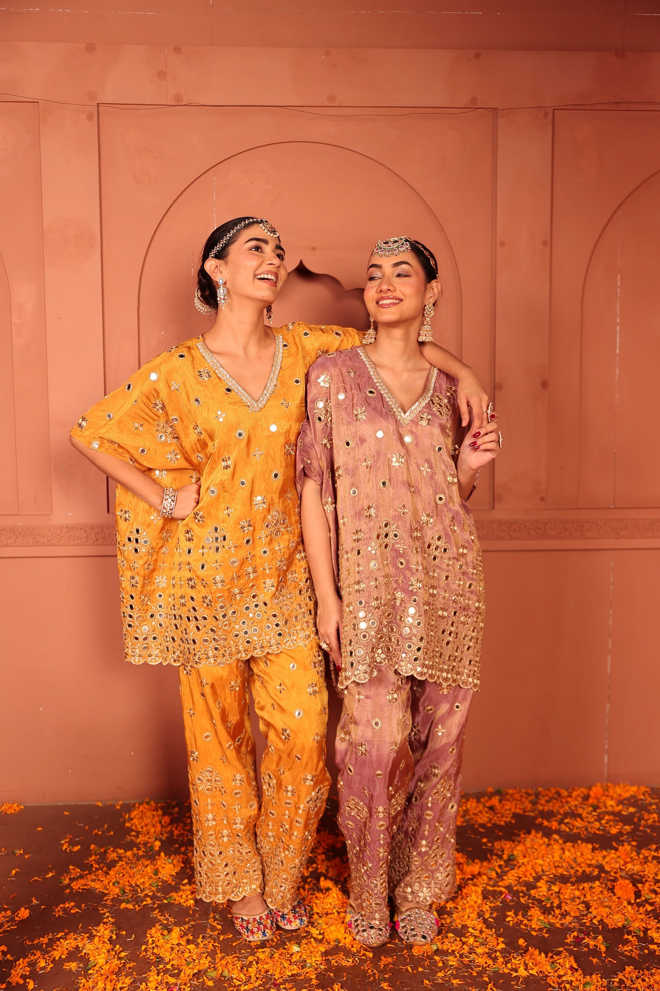 Aaina Adaa Mirror Work Kaftan Set - Lilac