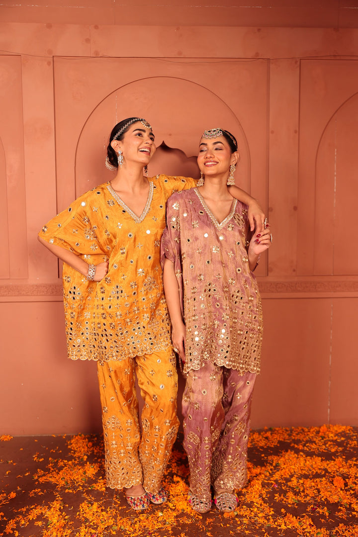 Aaina Adaa Mirror Work Kaftan Set - Lilac