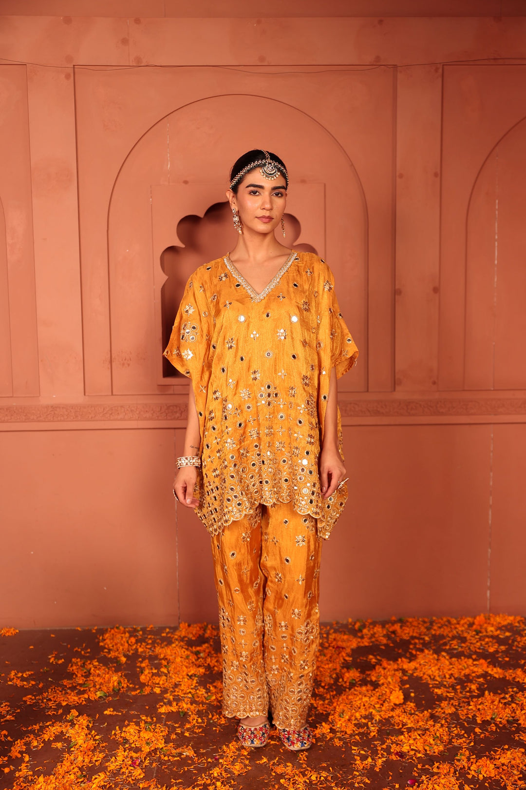 Aaina Adaa Mirror Work Kaftan Set - Mustard