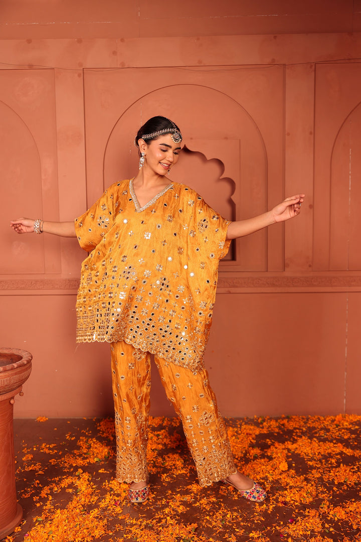Aaina Adaa Mirror Work Kaftan Set - Mustard