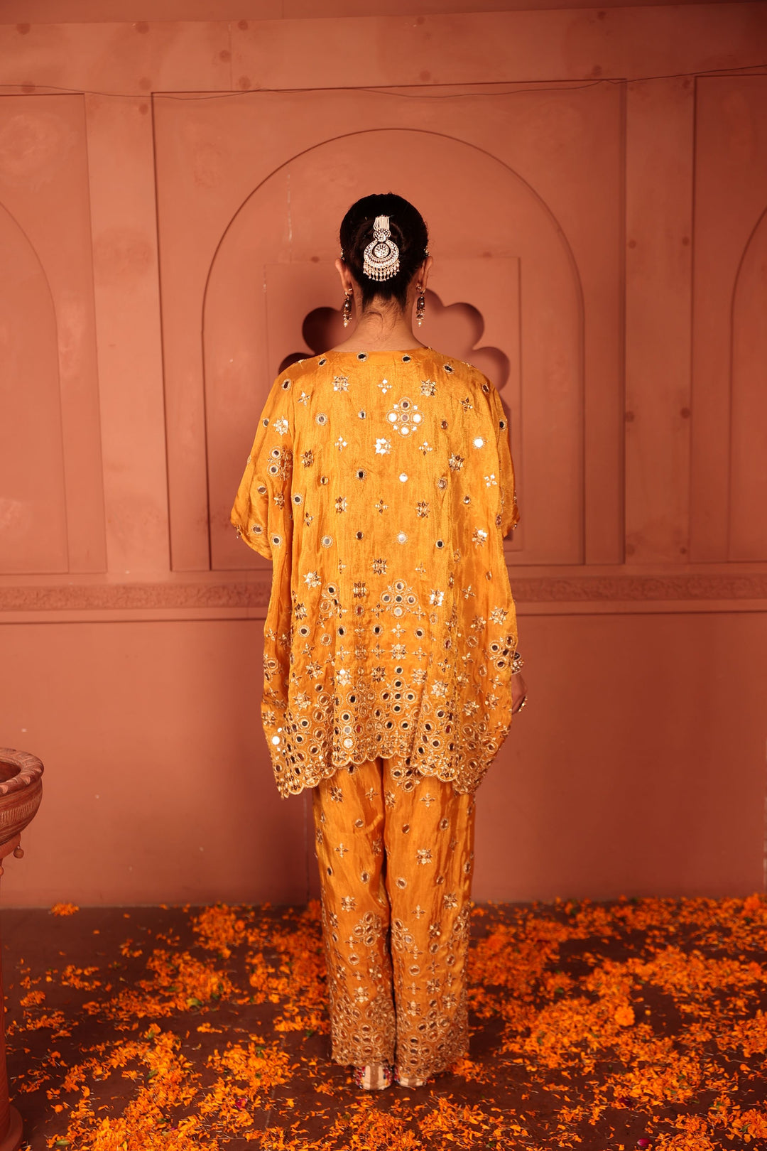 Aaina Adaa Mirror Work Kaftan Set - Mustard
