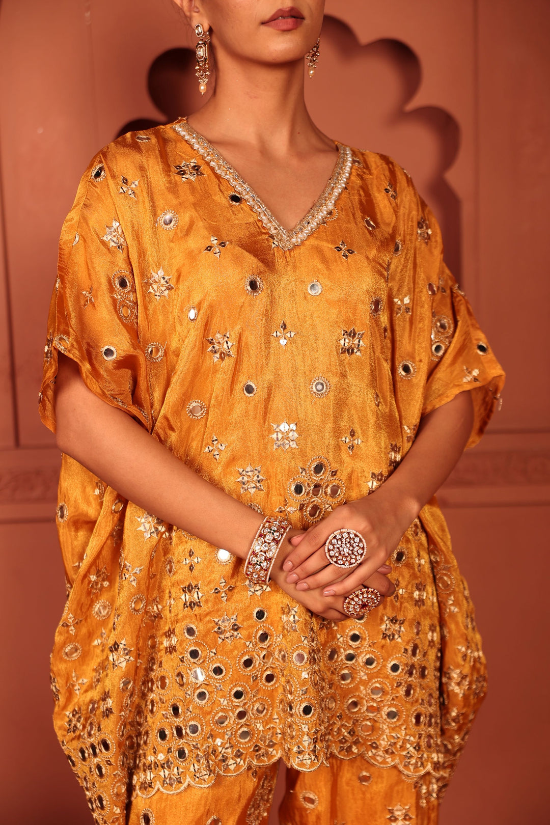 Aaina Adaa Mirror Work Kaftan Set - Mustard