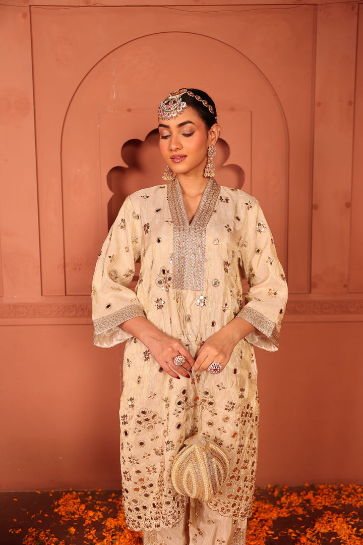 Aaina Adaa Tunic Set with Embroidered Pants - Ivory