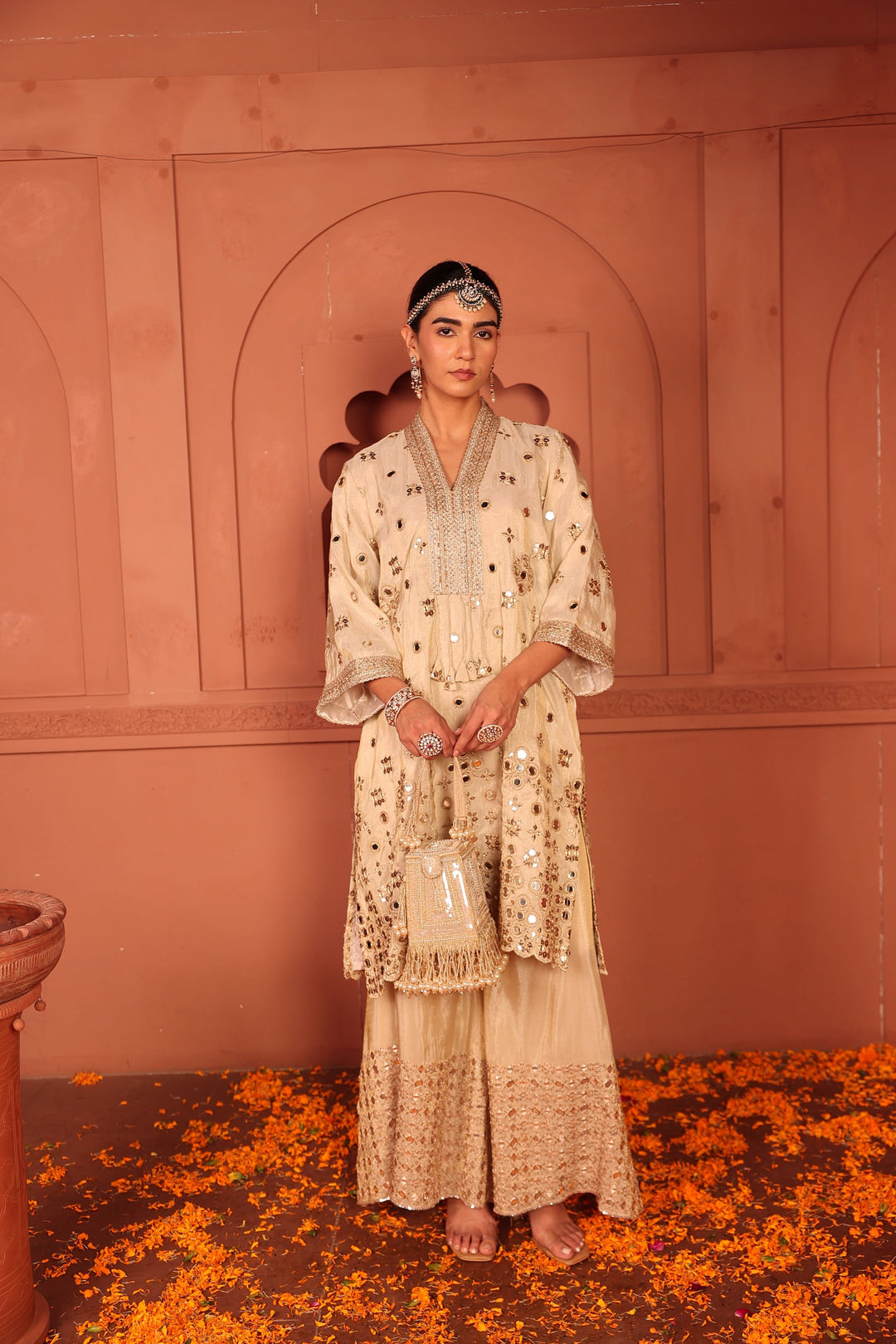Aaina Adaa Mirror Work Sharara Set - Ivory