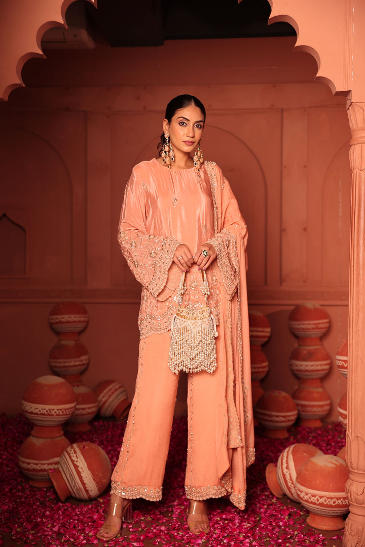 Peach Cutdana Embroidered Set
