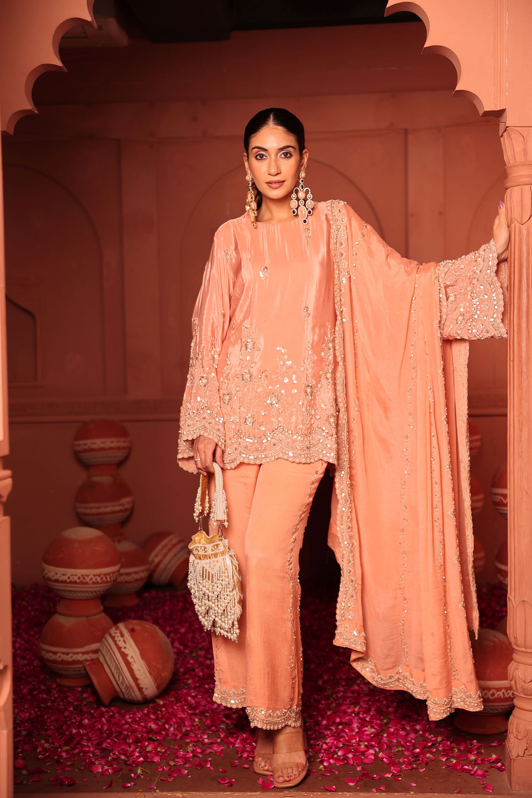 Peach Cutdana Embroidered Set