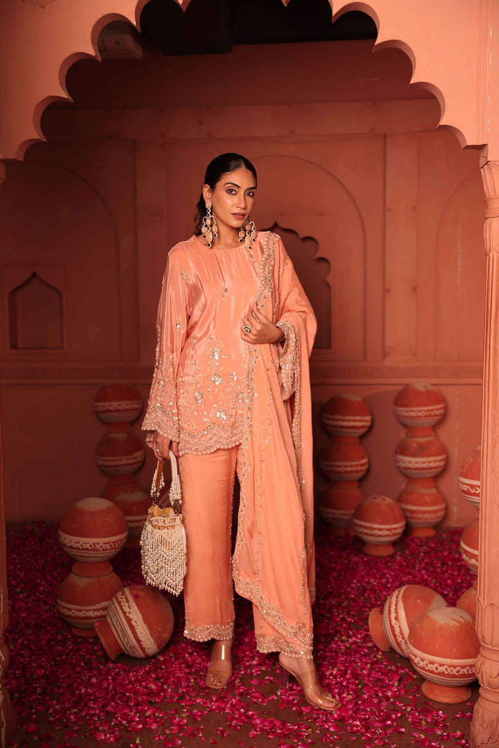 Peach Cutdana Embroidered Set