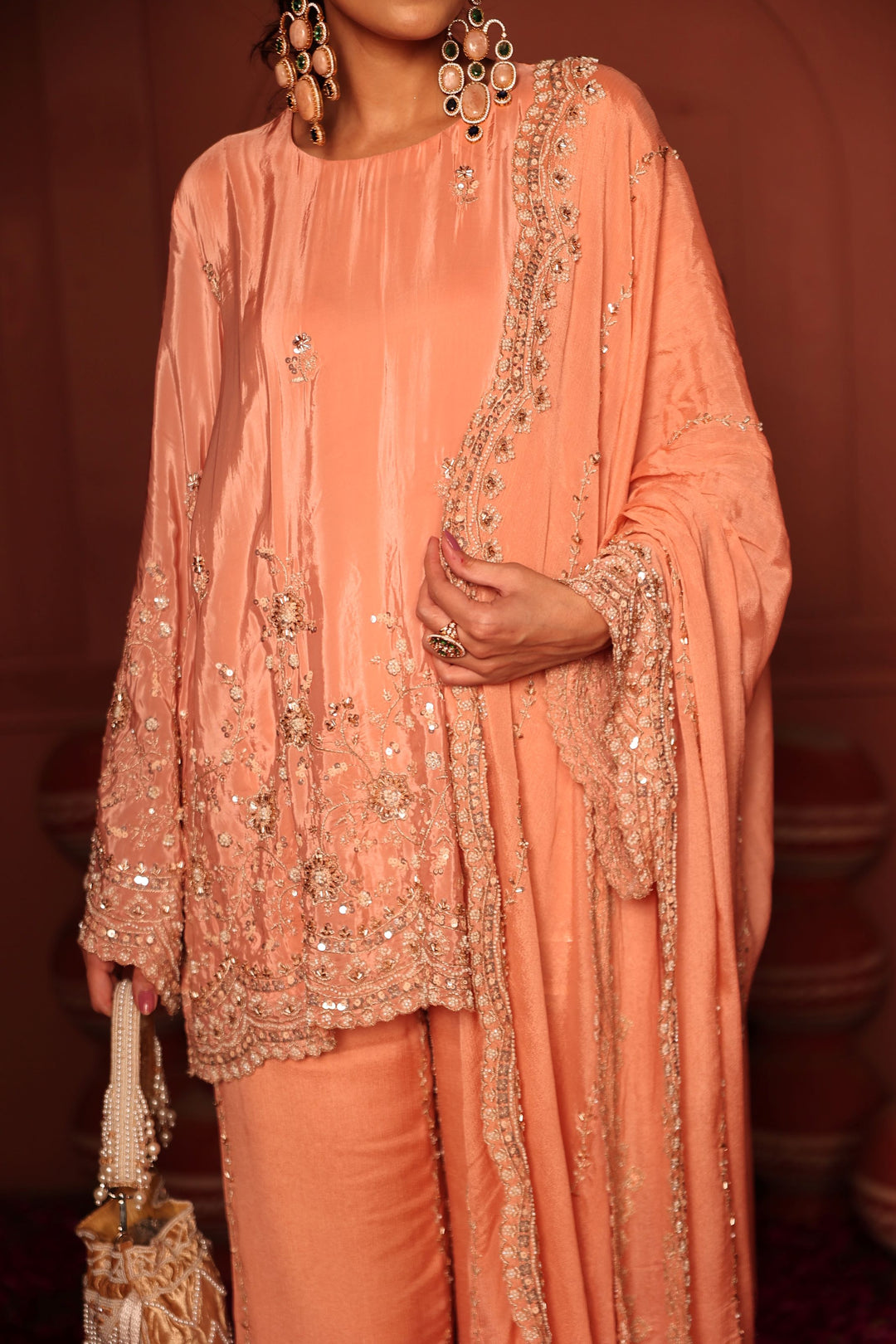 Peach Cutdana Embroidered Set