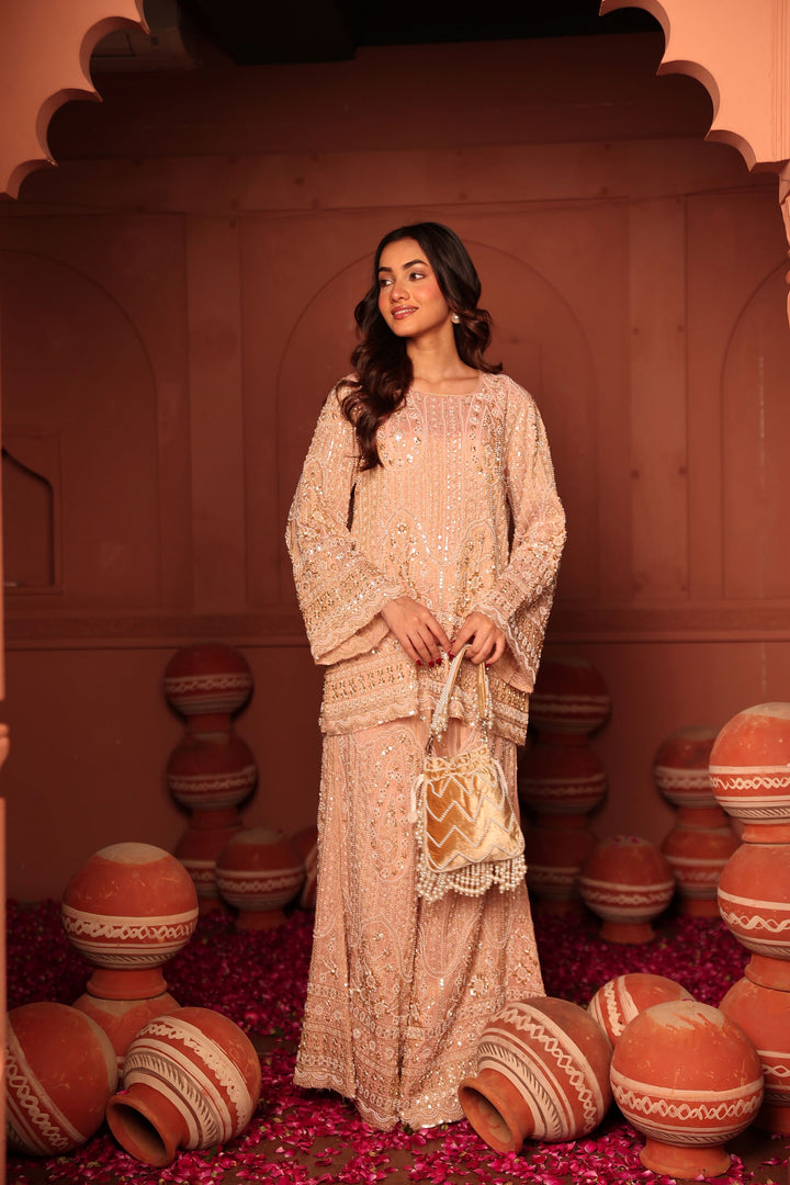 Inaaya Embroidered Sharara Set - Powder Pink