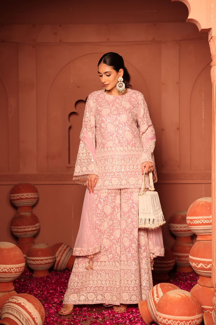 Inaaya Crystal Embroidered Sharara Set - Powder Pink