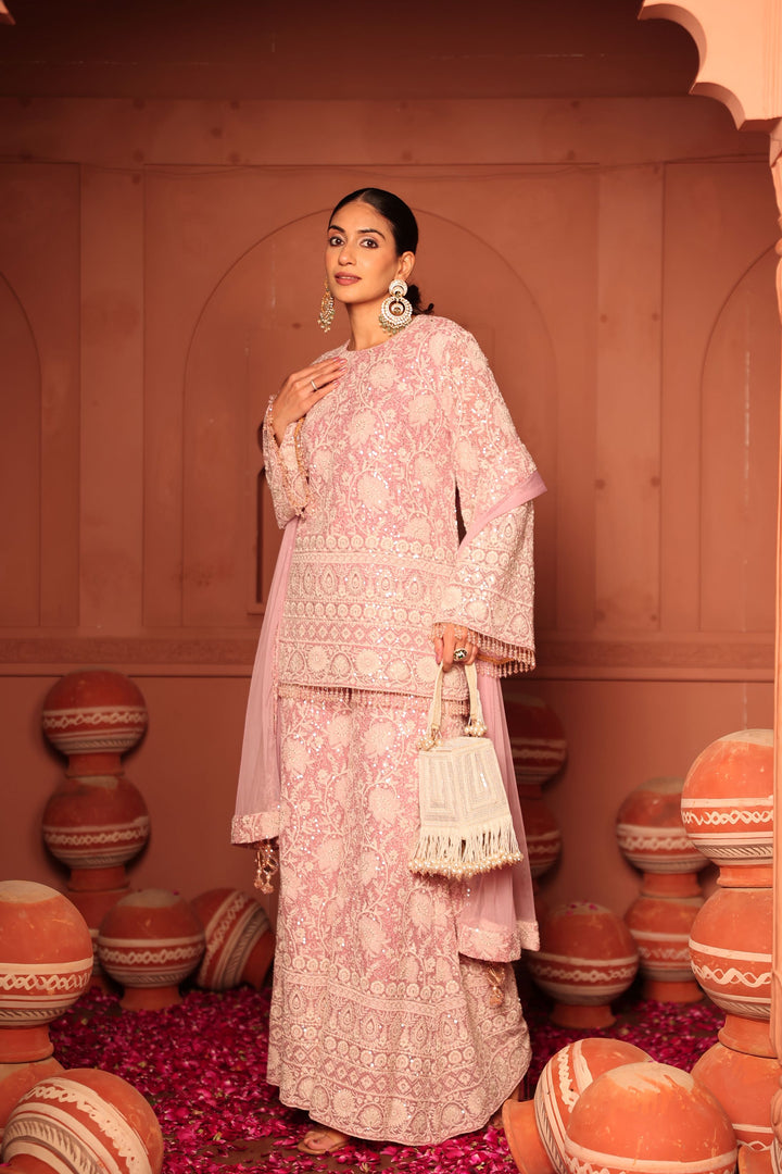 Inaaya Crystal Embroidered Sharara Set - Powder Pink