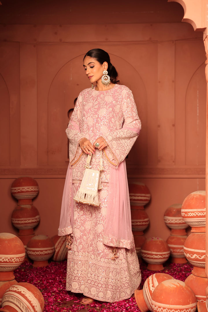 Inaaya Crystal Embroidered Sharara Set - Powder Pink