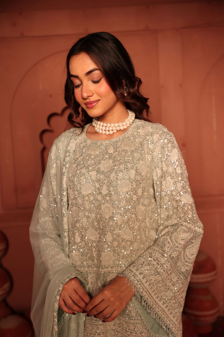Inaaya Crystal Embroidered Sharara Set - Powder Blue