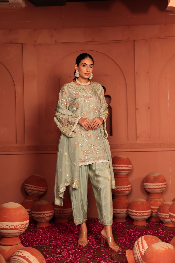 Inaayat Rose Embroidered Tunic Set - Mint Green