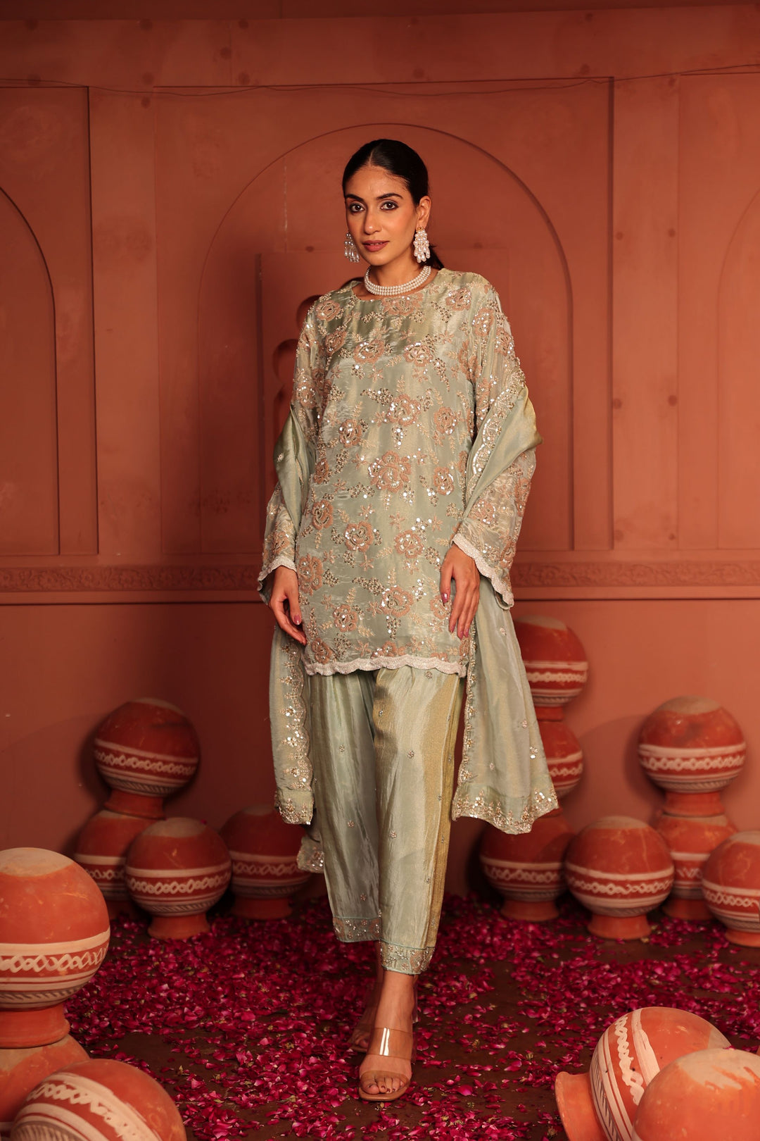 Inaayat Rose Embroidered Tunic Set - Mint Green