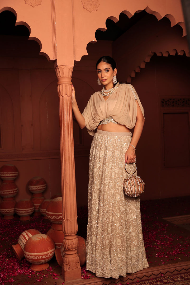 Inaaya Cutdana Embroidered Lehenga Set - Beige