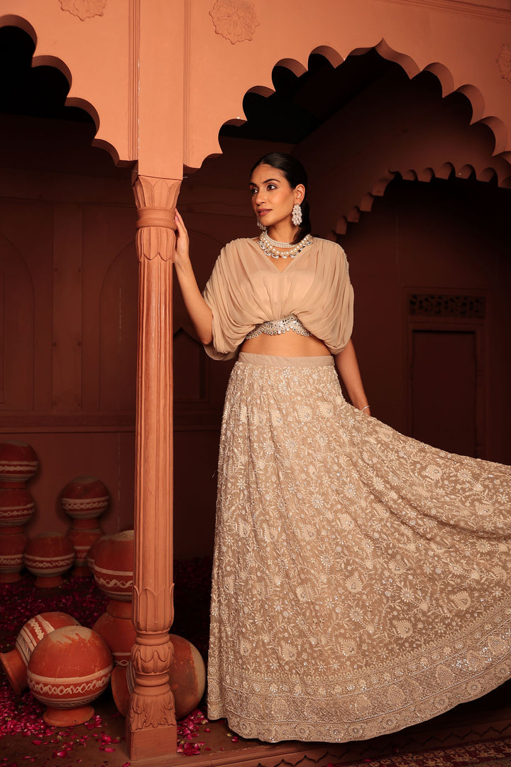 Inaaya Cutdana Embroidered Lehenga Set - Beige