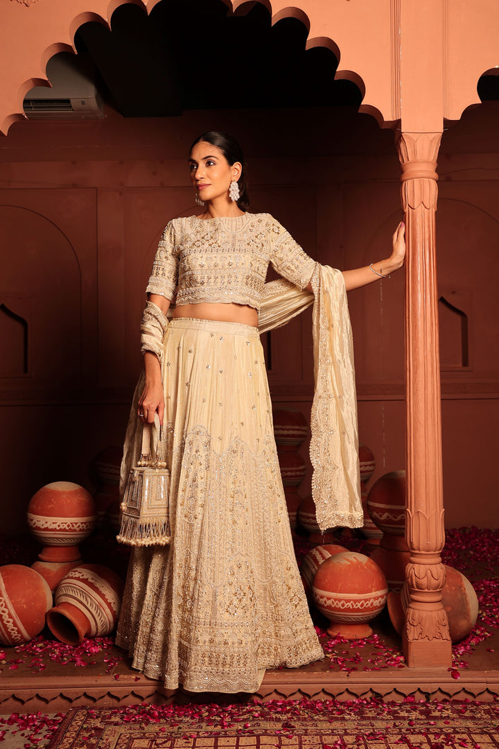 Inaaya Cutdana Embroidered Lehenga Set with Sleeves and Dupatta - Ivory