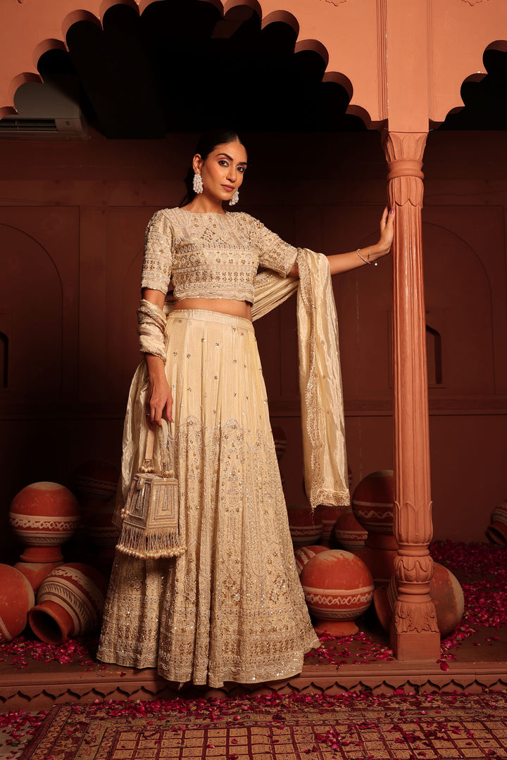 Inaaya Cutdana Embroidered Lehenga Set with Sleeves and Dupatta - Ivory