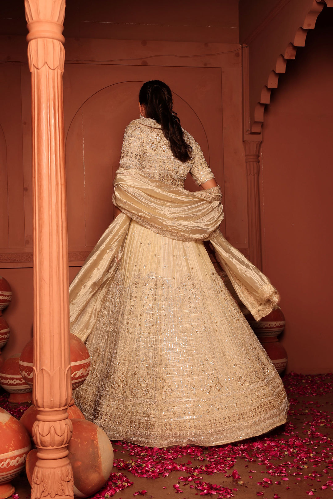 Inaaya Cutdana Embroidered Lehenga Set with Sleeves and Dupatta - Ivory