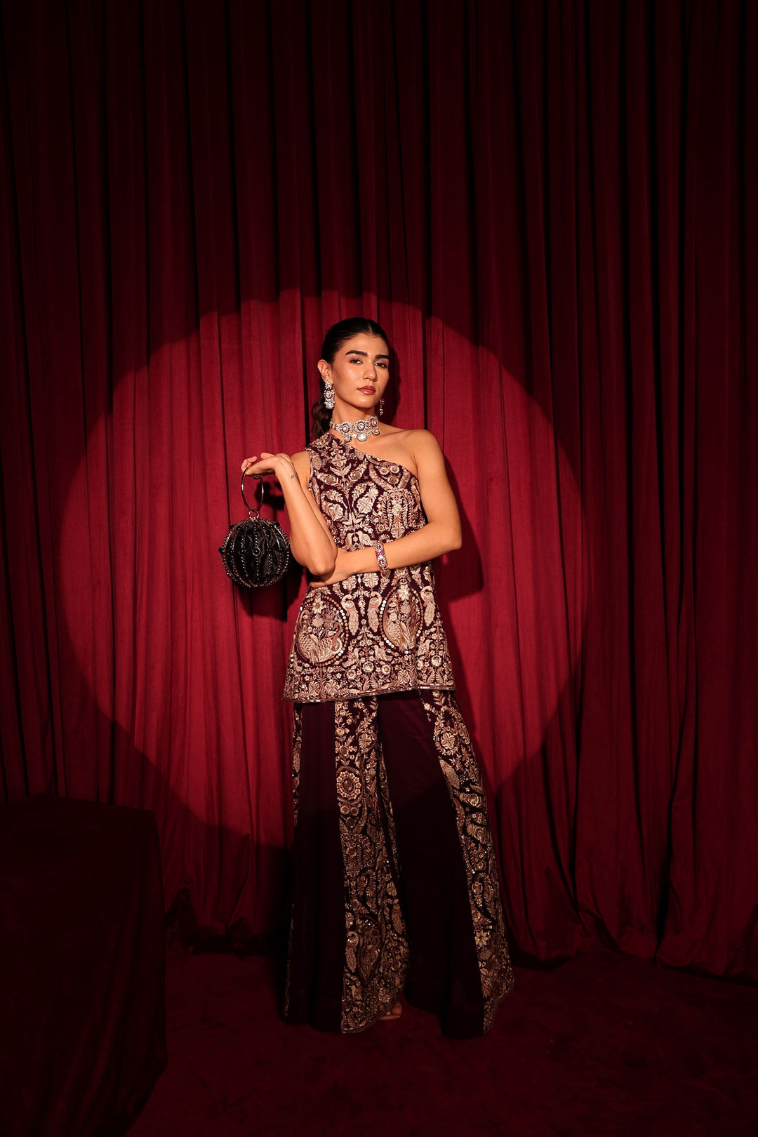 MW One-shoulder Cape Set - Maroon