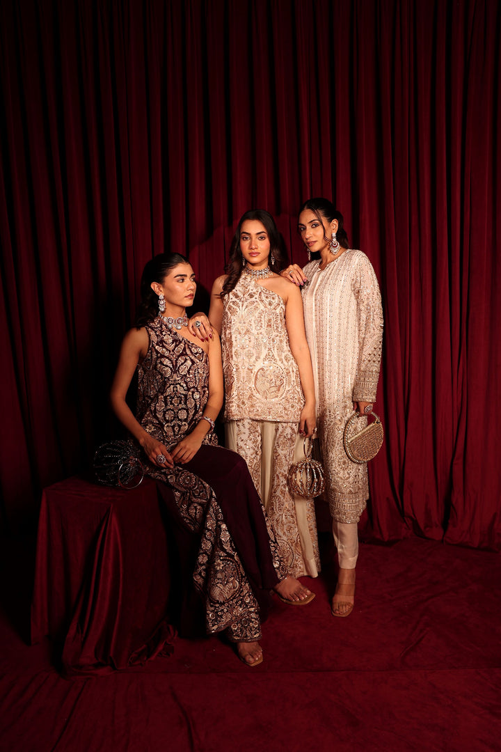 MW Inaaya Embroidered Long Jacket With Bustier and Skirt - Ivory Gold