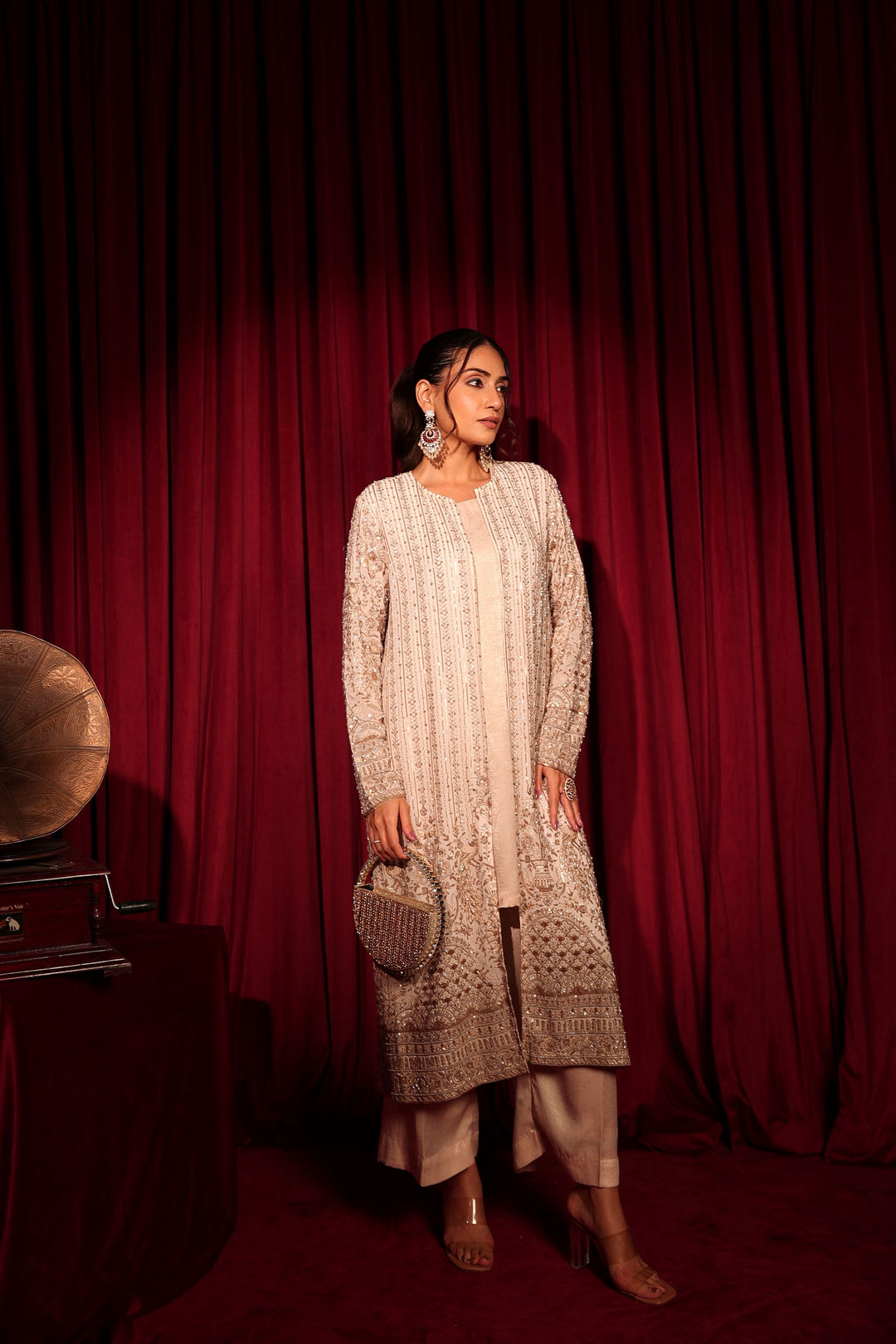 MW Inaaya Embroidered Long Jacket With Bustier and Skirt - Ivory Gold