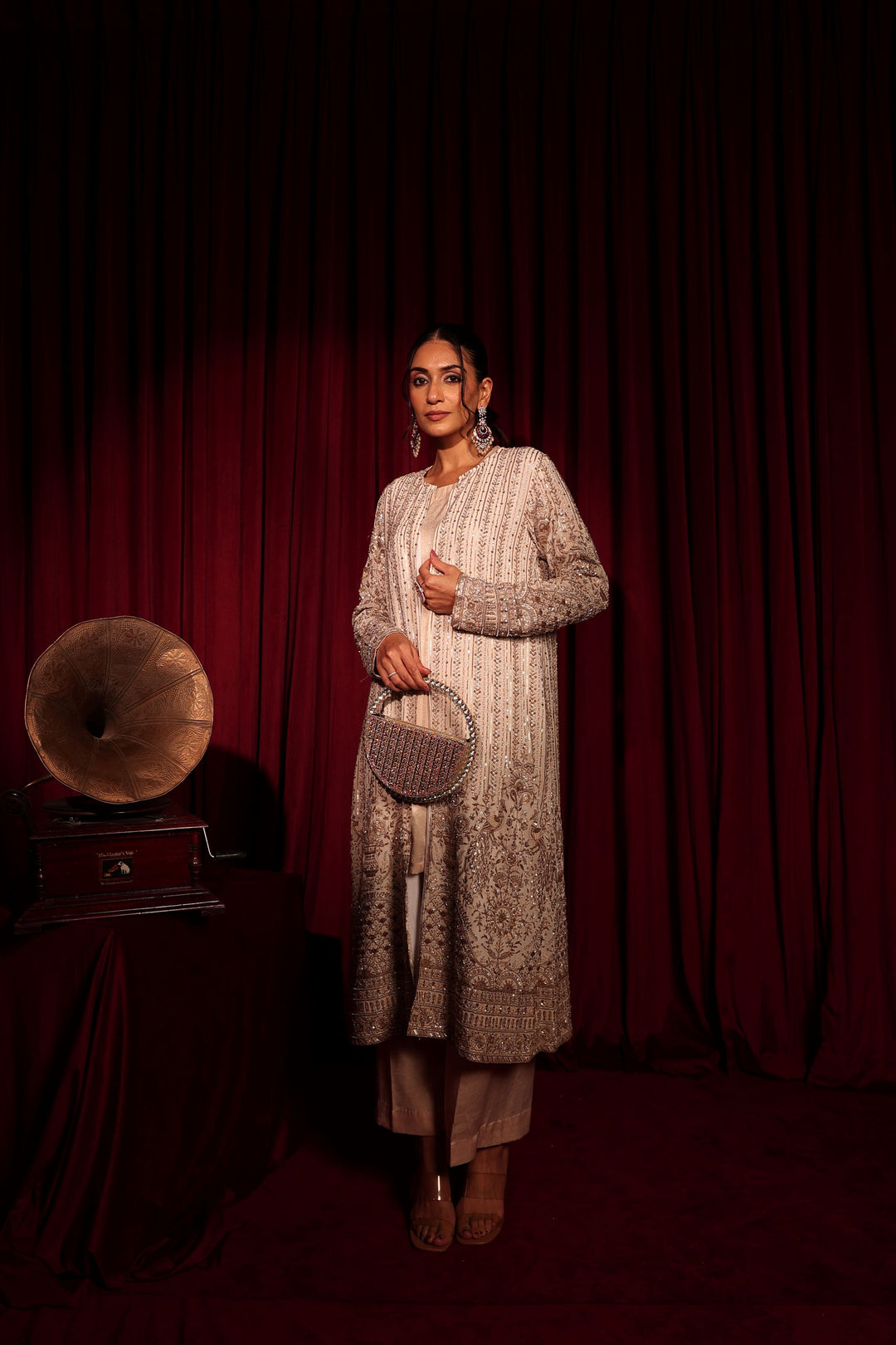 MW Inaaya Embroidered Long Jacket With Bustier and Skirt - Ivory Gold